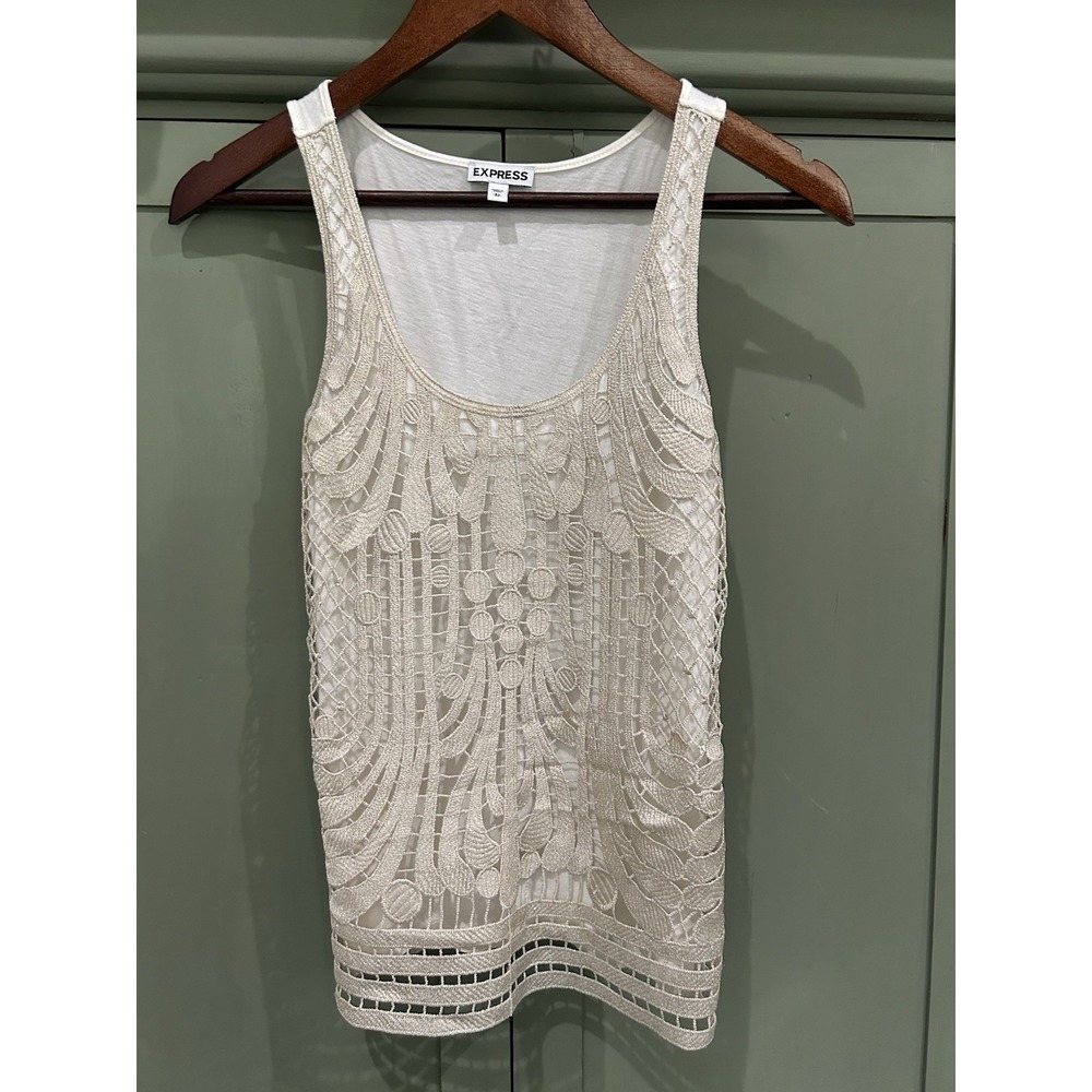 Express Y2K Fitted Ivory Crochet Sparkle Tank Top Preppy Size XS 90s Boho Fairy
